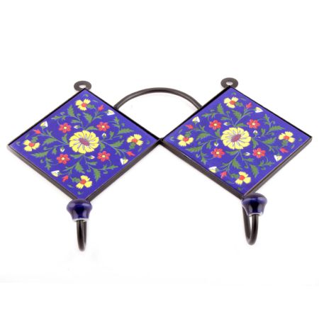 Navy Blue And Yellow Wheel Flower Ceramic Tiles Hooks